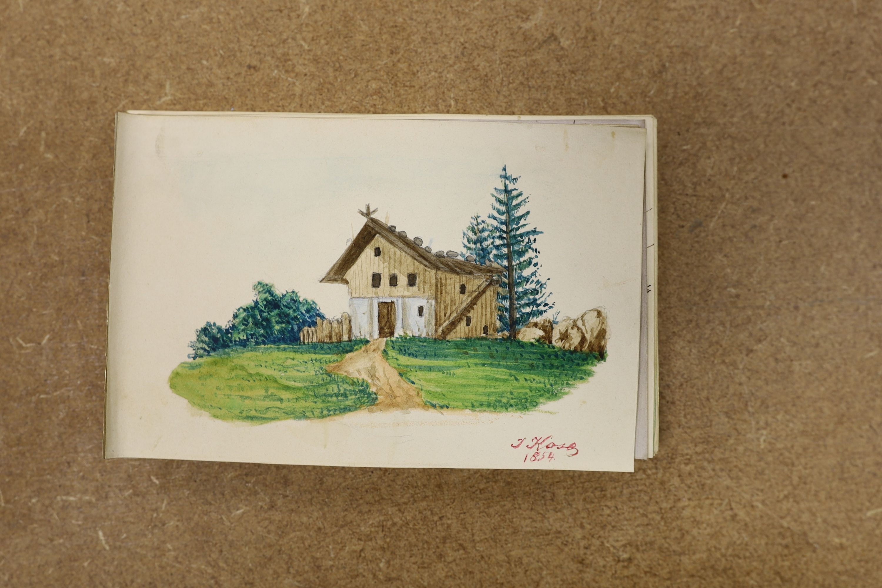 An Austrian beadwork cover souvenir album of watercolours and Berlin woolwork., 15 cms wide.
